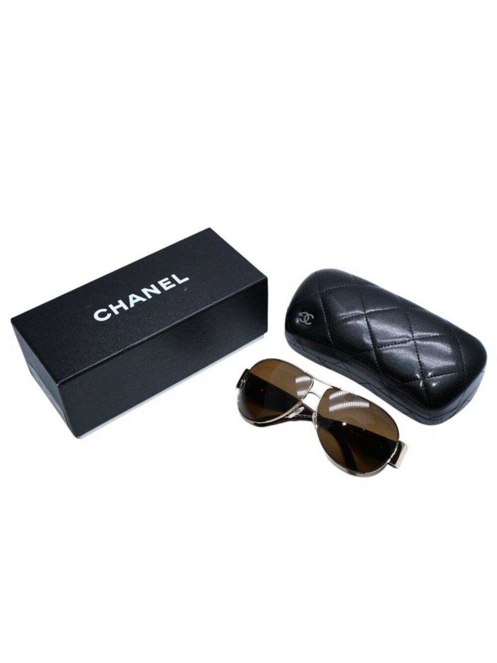 Chanel Aviator Sunglasses CC Logo Metal Frame Teardrop Brown Gold Eyewear
